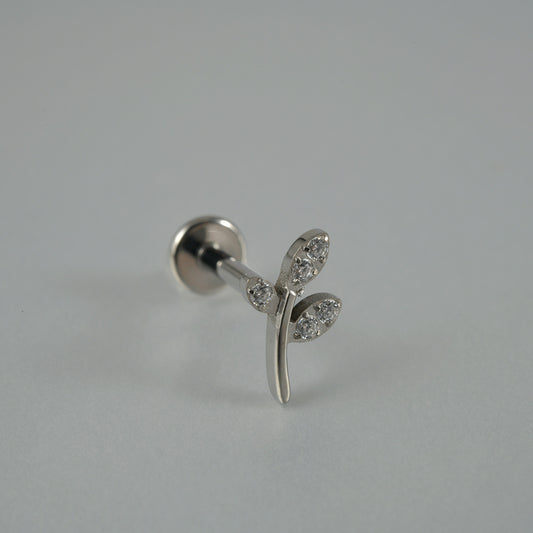 G23 three leafs Ear Piercing Stud Titanium with AAA Cubic Zircon , Flat Back Earrings ( One Piece )