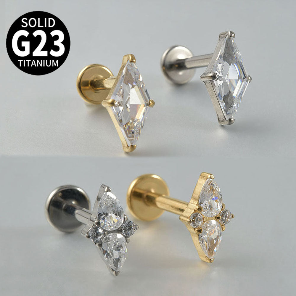 G23 Daimond Shape Ear Piercing Stud Titanium with AAA Cubic Zircon , Flat Back Earrings ( One Piece )