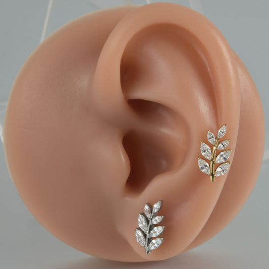 G23 Leafs Ear Piercing Stud Titanium with AAA Cubic Zircon , Flat Back Earrings ( One Piece )