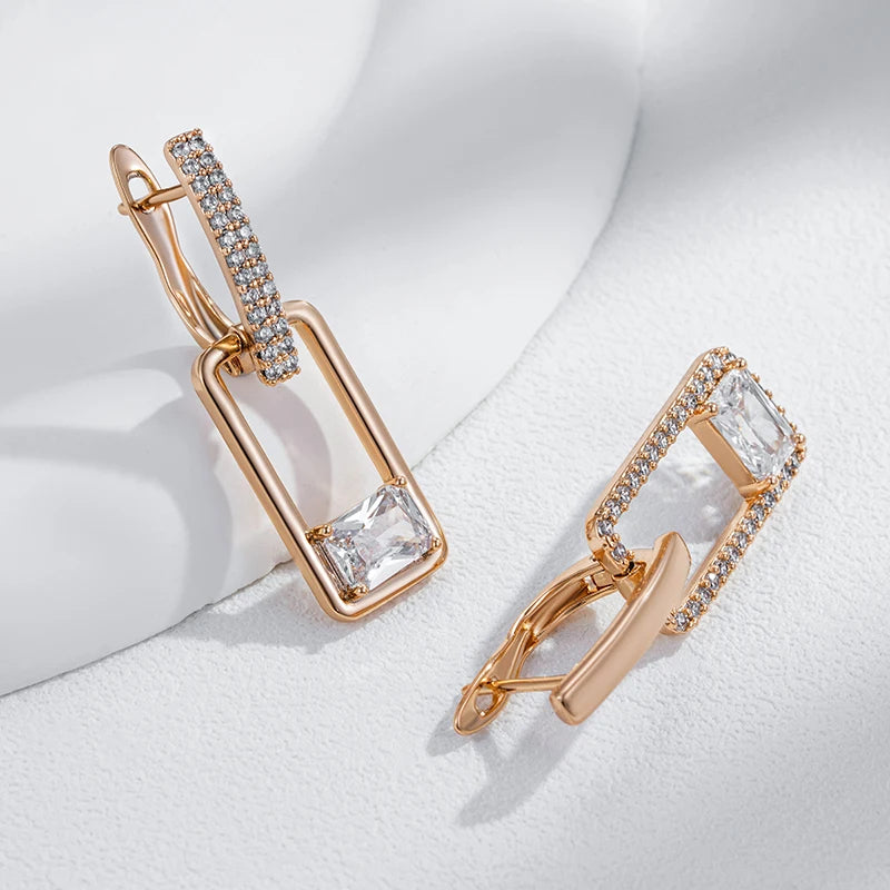 Asymmetrical Long Drop with Crystal Earrings - Rose Gold