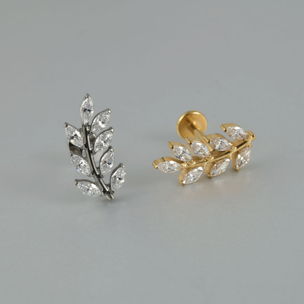 G23 Leafs Ear Piercing Stud Titanium with AAA Cubic Zircon , Flat Back Earrings ( One Piece )