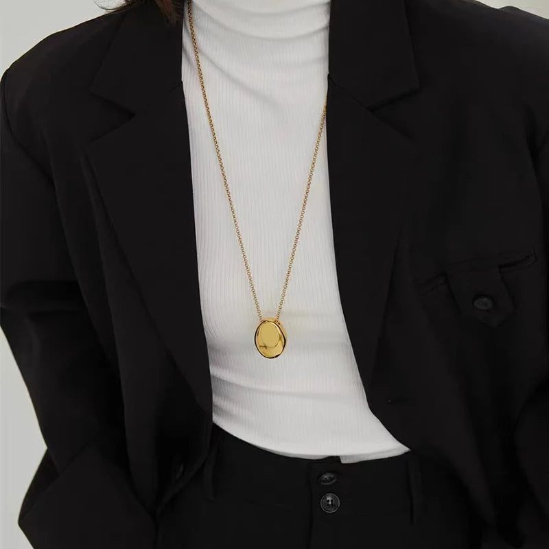Oval Pendant Stainless Steel Gold Color Long Necklace