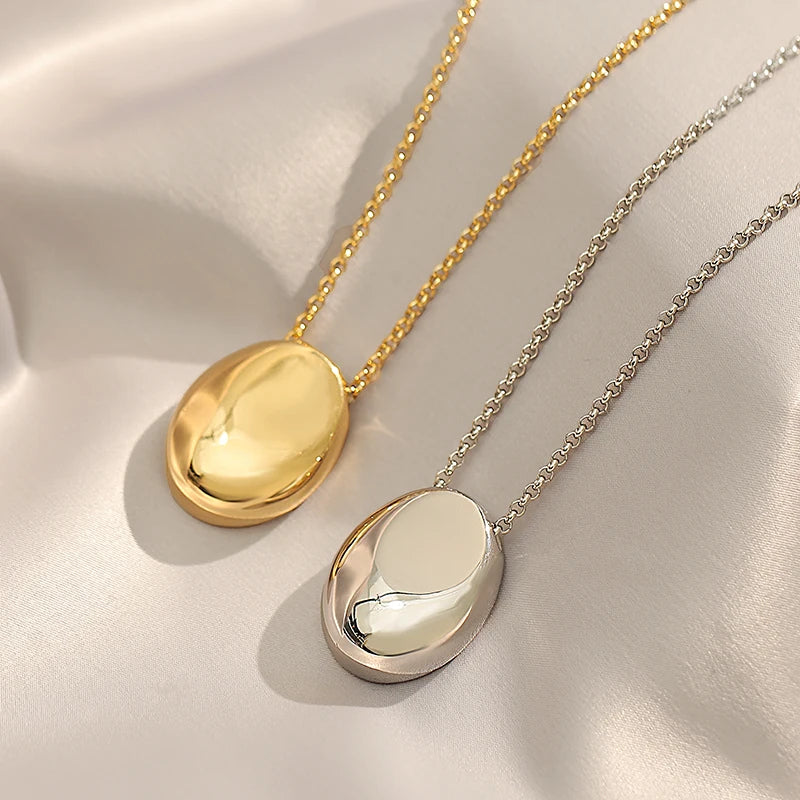 Oval Pendant Stainless Steel Gold Color Long Necklace