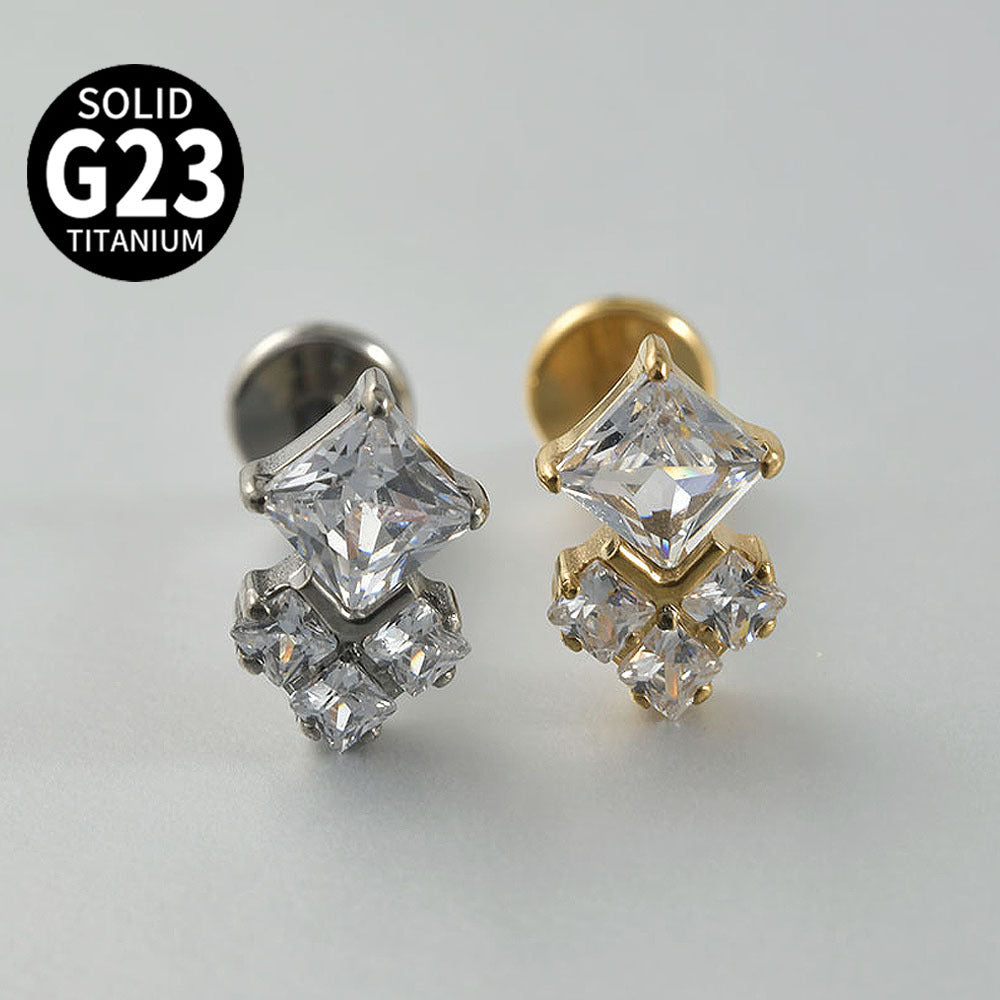 G23 Diamond Circles  Ear Piercing Stud Titanium with AAA Cubic Zircon , Flat Back Earrings ( One Piece )