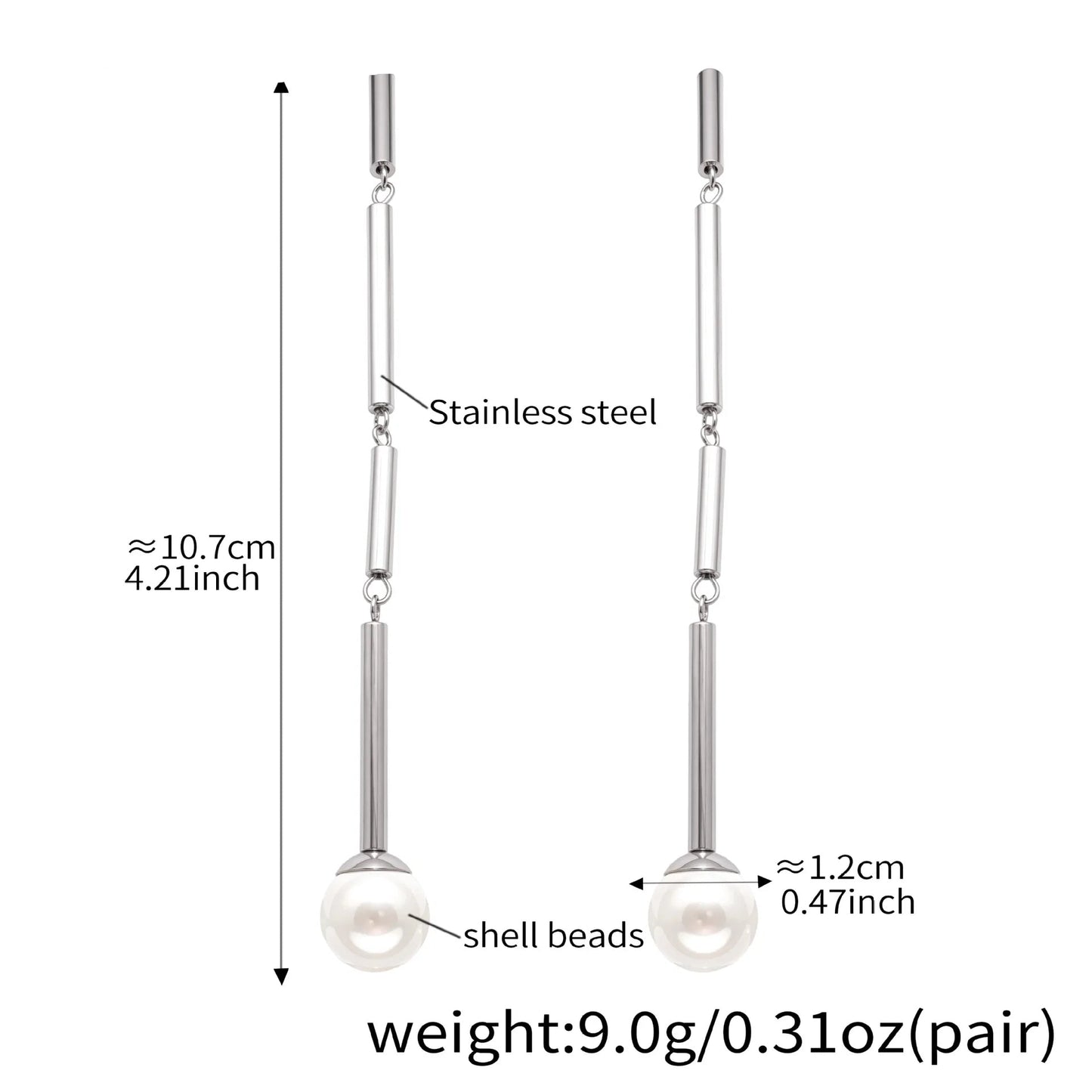 Pair of earrings with measurements and material details on a white background