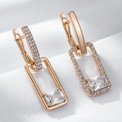 Asymmetrical Long Drop with Crystal Earrings - Rose Gold