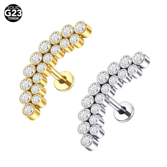 G23 Daimind Moon Ear Piercing Stud Titanium with AAA Cubic Zircon , Flat Back Earrings ( One Piece )