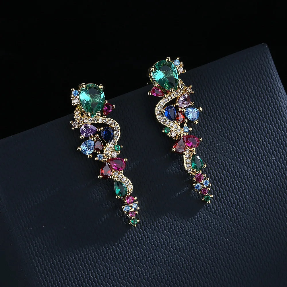 Retro Color Zircon Earrings, Asian Style- Yellow Gold