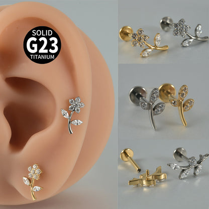 G23 Flower Ear Piercing Stud Titanium with AAA Cubic Zircon , Flat Back Earrings ( One Piece )
