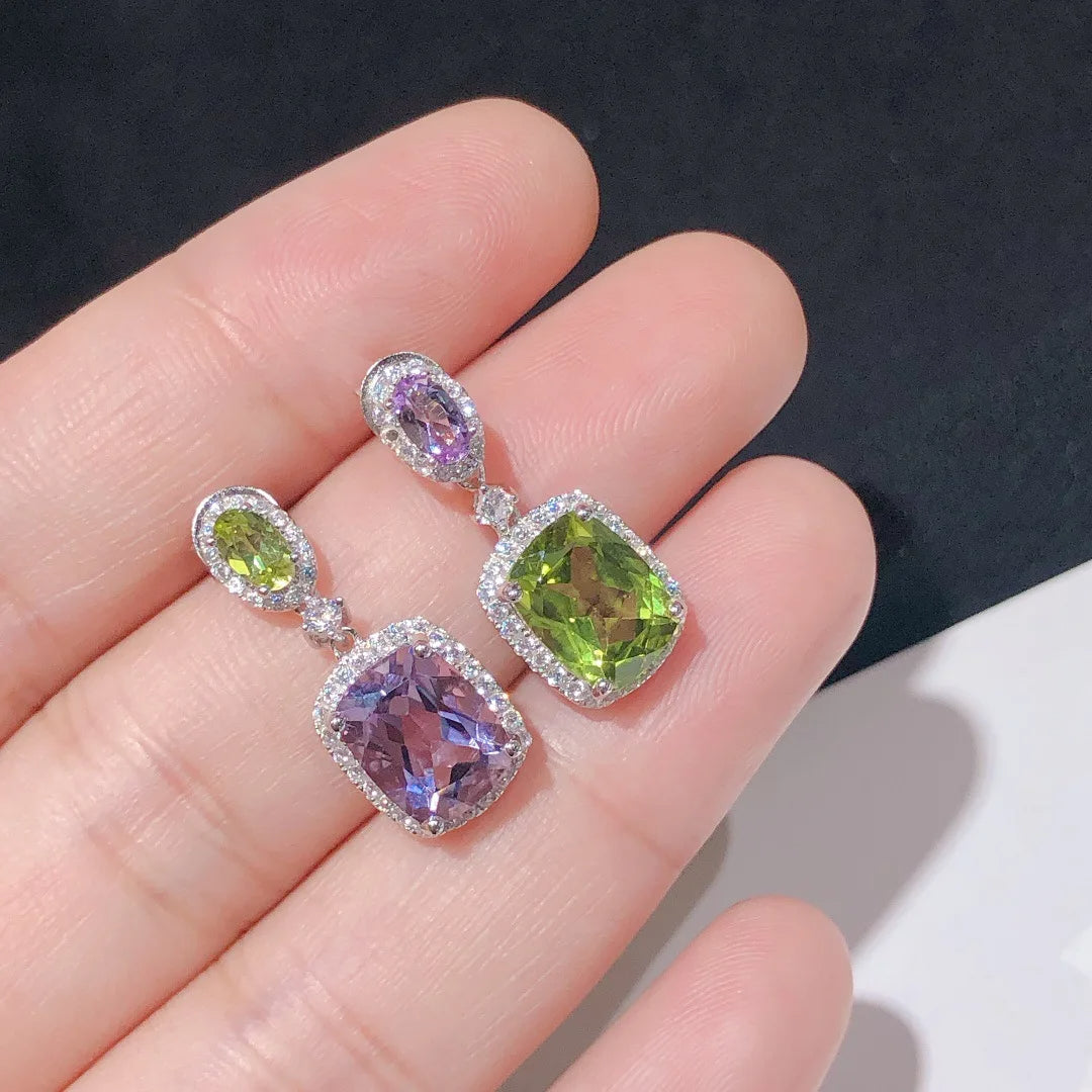 Natural Purple Zircon Green Asymmetrical Earrings