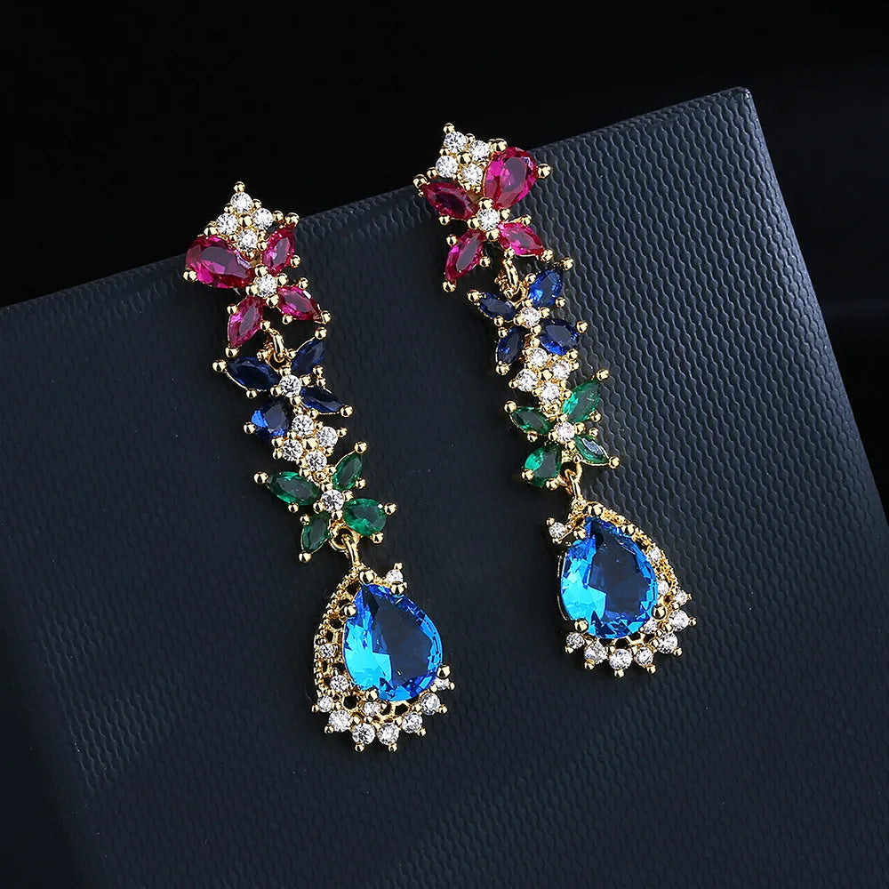 Retro Color Zircon Earrings, Asian Style- Yellow Gold