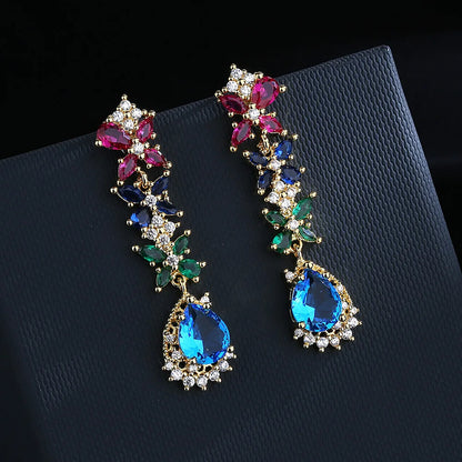 Retro Color Zircon Earrings, Asian Style- Yellow Gold