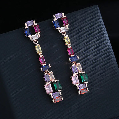 Super Flash Zircon, Colorful Tourmaline Long Earrings - Rose Gold