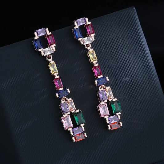 Super Flash Zircon, Colorful Tourmaline Long Earrings - Rose Gold