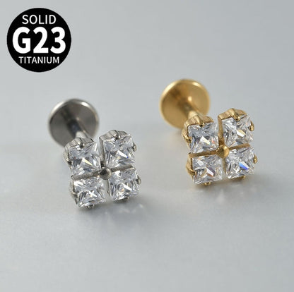 G23 Ear Piercing Stud Titanium with AAA Cubic Zircon , Flat Back Earrings ( One Piece )