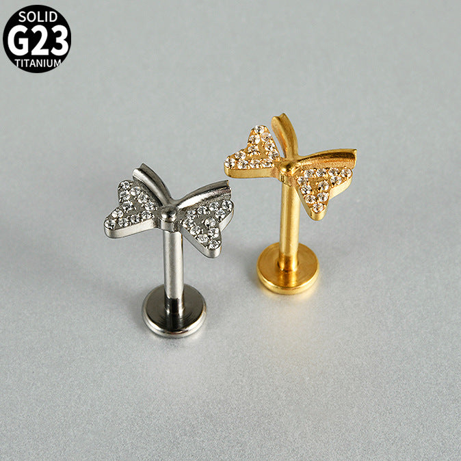 G23 Butterfly Ear Piercing Stud Titanium with AAA Cubic Zircon , Flat Back Earrings ( One Piece )