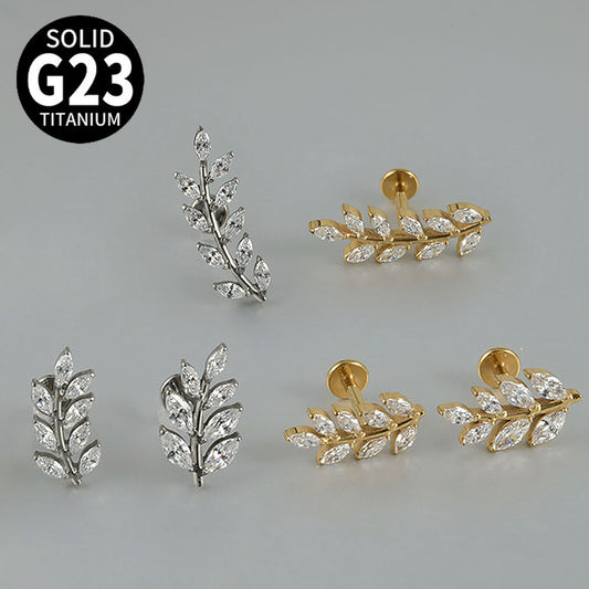 G23 Leafs Ear Piercing Stud Titanium with AAA Cubic Zircon , Flat Back Earrings ( One Piece )