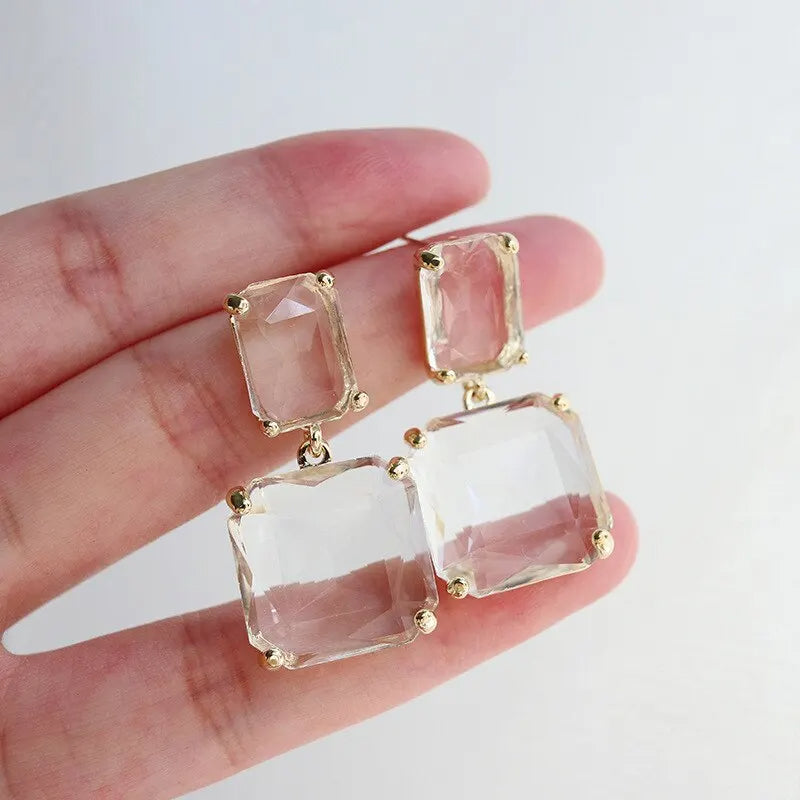 Geometric Square Dangle with Transparent Glass Crystal Earrings