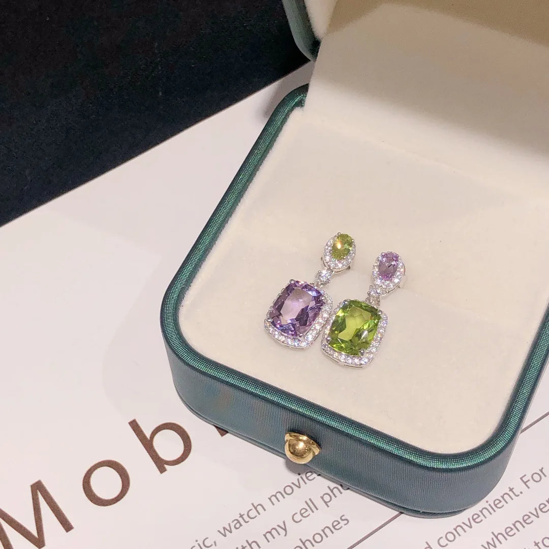 Natural Purple Zircon Green Asymmetrical Earrings