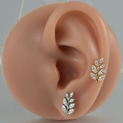 G23 Leafs Ear Piercing Stud Titanium with AAA Cubic Zircon , Flat Back Earrings ( One Piece )