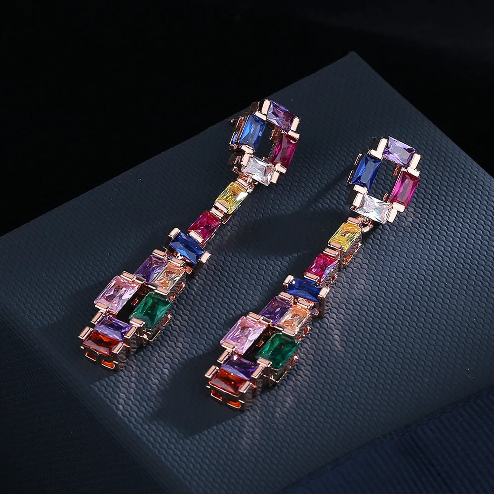 Super Flash Zircon, Colorful Tourmaline Long Earrings - Rose Gold