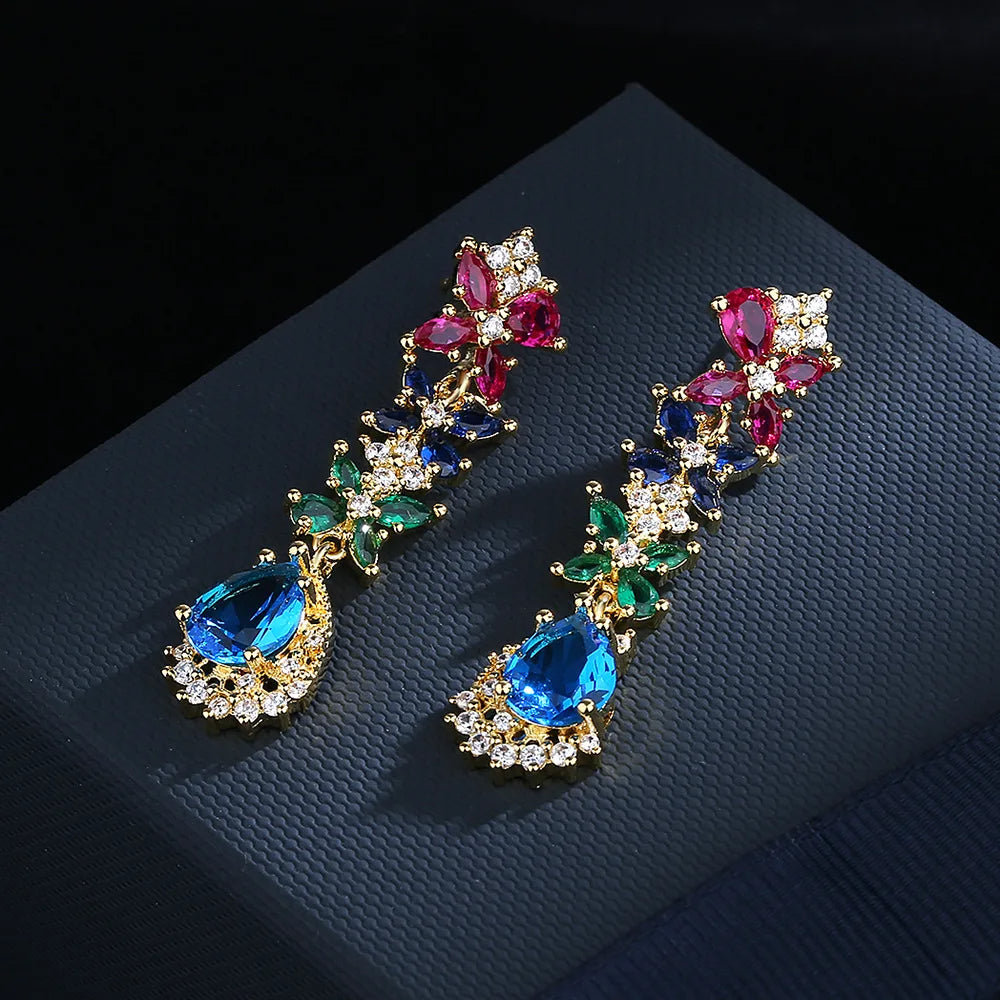 Retro Color Zircon Earrings, Asian Style- Yellow Gold