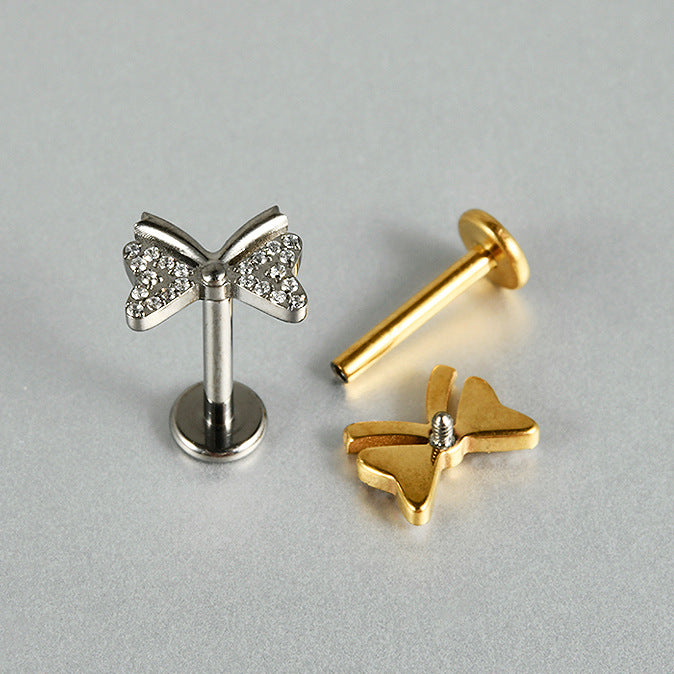 G23 Butterfly Ear Piercing Stud Titanium with AAA Cubic Zircon , Flat Back Earrings ( One Piece )