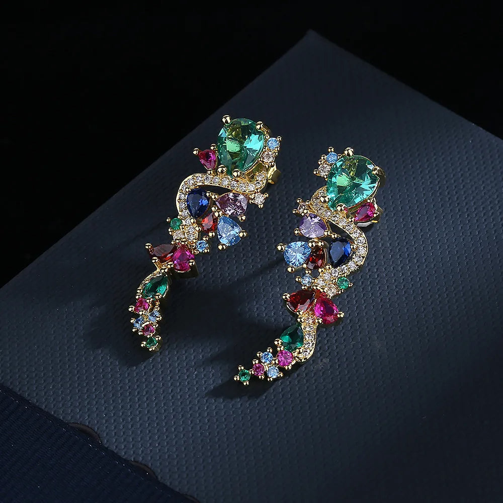 Retro Color Zircon Earrings, Asian Style- Yellow Gold