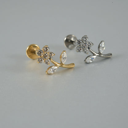 G23 Flower Ear Piercing Stud Titanium with AAA Cubic Zircon , Flat Back Earrings ( One Piece )