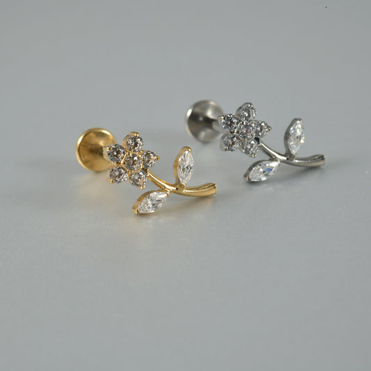 G23 Flower Ear Piercing Stud Titanium with AAA Cubic Zircon , Flat Back Earrings ( One Piece )