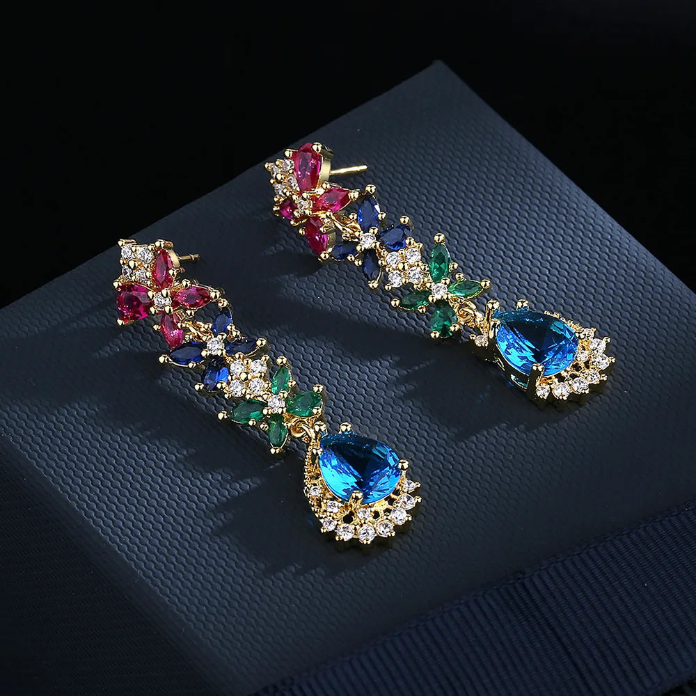 Retro Color Zircon Earrings, Asian Style- Yellow Gold