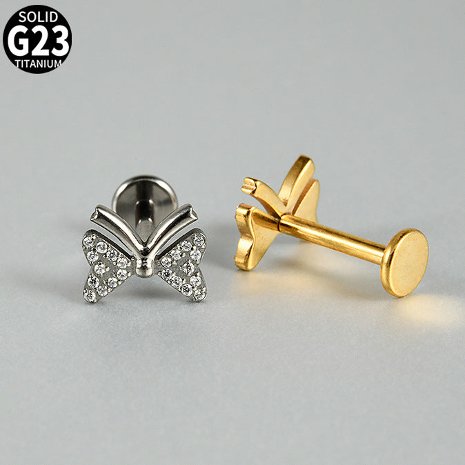 G23 Butterfly Ear Piercing Stud Titanium with AAA Cubic Zircon , Flat Back Earrings ( One Piece )