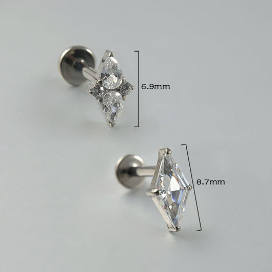 G23 Daimond Shape  Ear Piercing Stud Titanium with AAA Cubic Zircon , Flat Back Earrings ( One Piece )