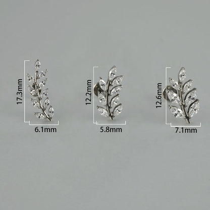 G23 Leafs Ear Piercing Stud Titanium with AAA Cubic Zircon , Flat Back Earrings ( One Piece )