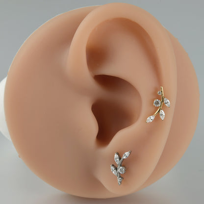 G23 Four Leafs Ear Piercing Stud Titanium with AAA Cubic Zircon , Flat Back Earrings ( One Piece )