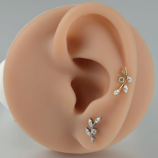 G23 Four Leafs Ear Piercing Stud Titanium with AAA Cubic Zircon , Flat Back Earrings ( One Piece )