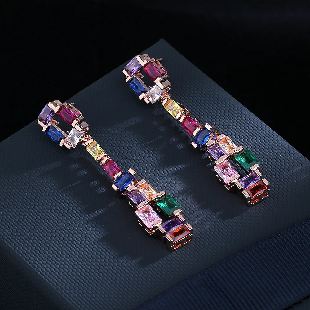 Super Flash Zircon, Colorful Tourmaline Long Earrings - Rose Gold