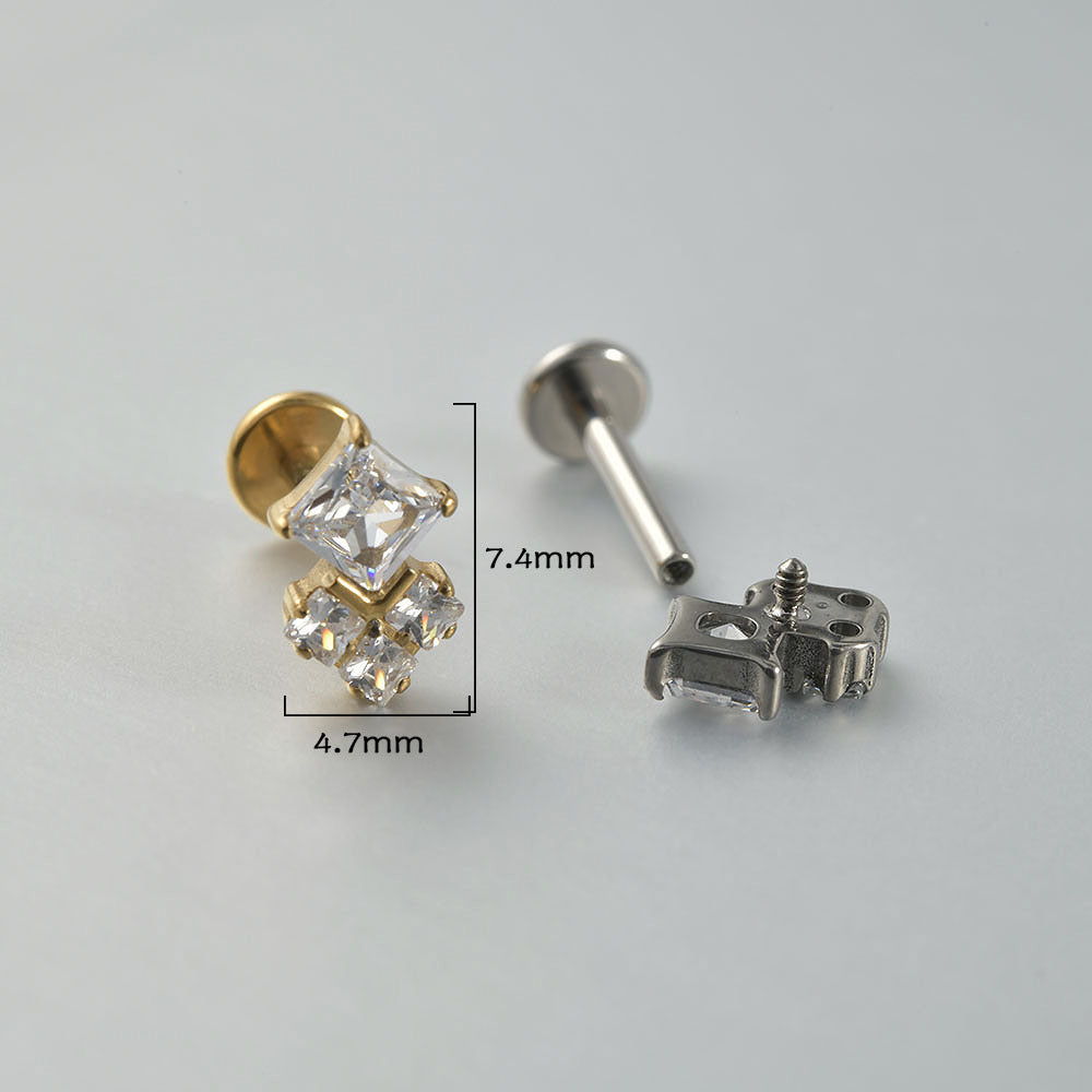 G23 Diamond Circles  Ear Piercing Stud Titanium with AAA Cubic Zircon , Flat Back Earrings ( One Piece )