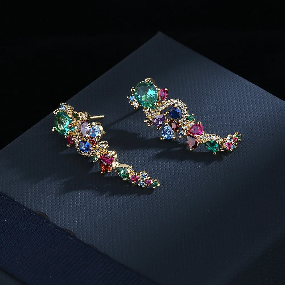 Retro Color Zircon Earrings, Asian Style- Yellow Gold