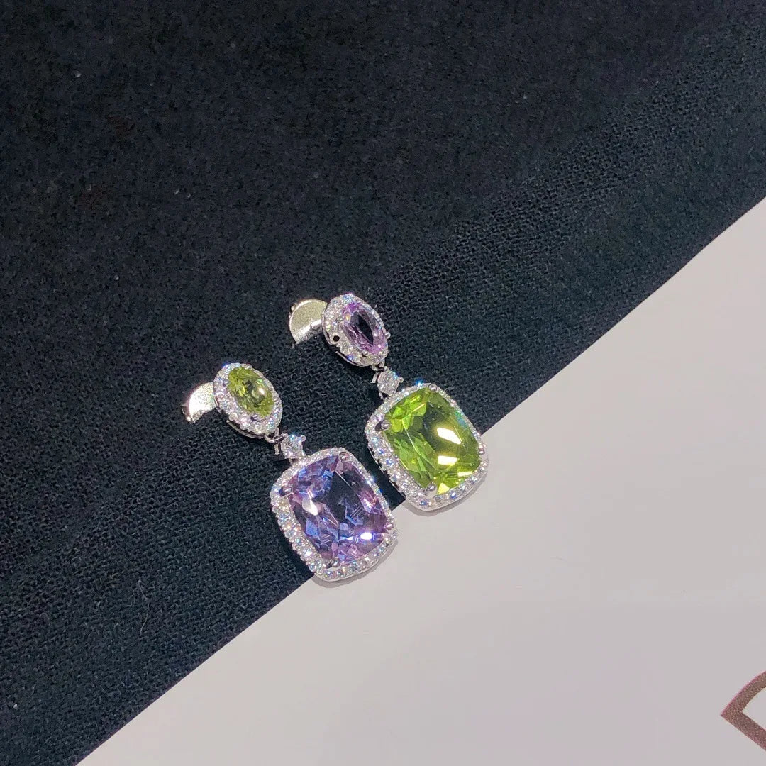 Natural Purple Zircon Green Asymmetrical Earrings