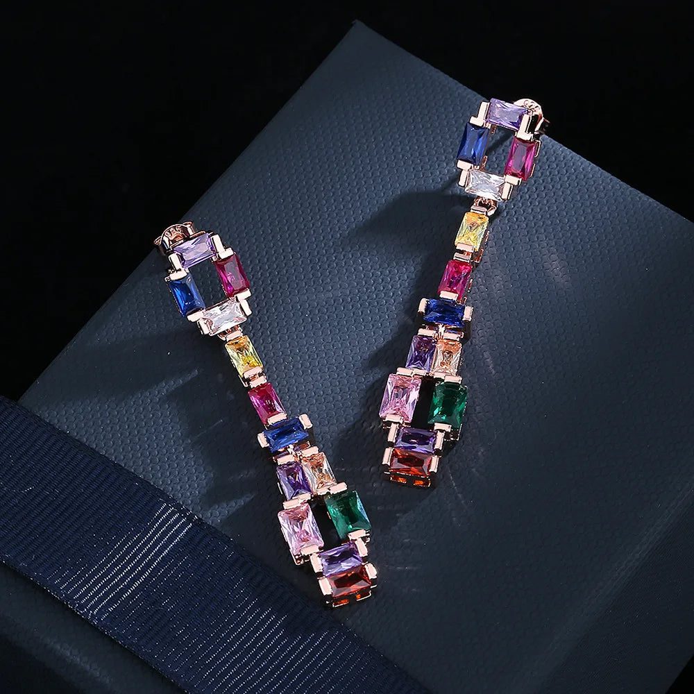 Super Flash Zircon, Colorful Tourmaline Long Earrings - Rose Gold