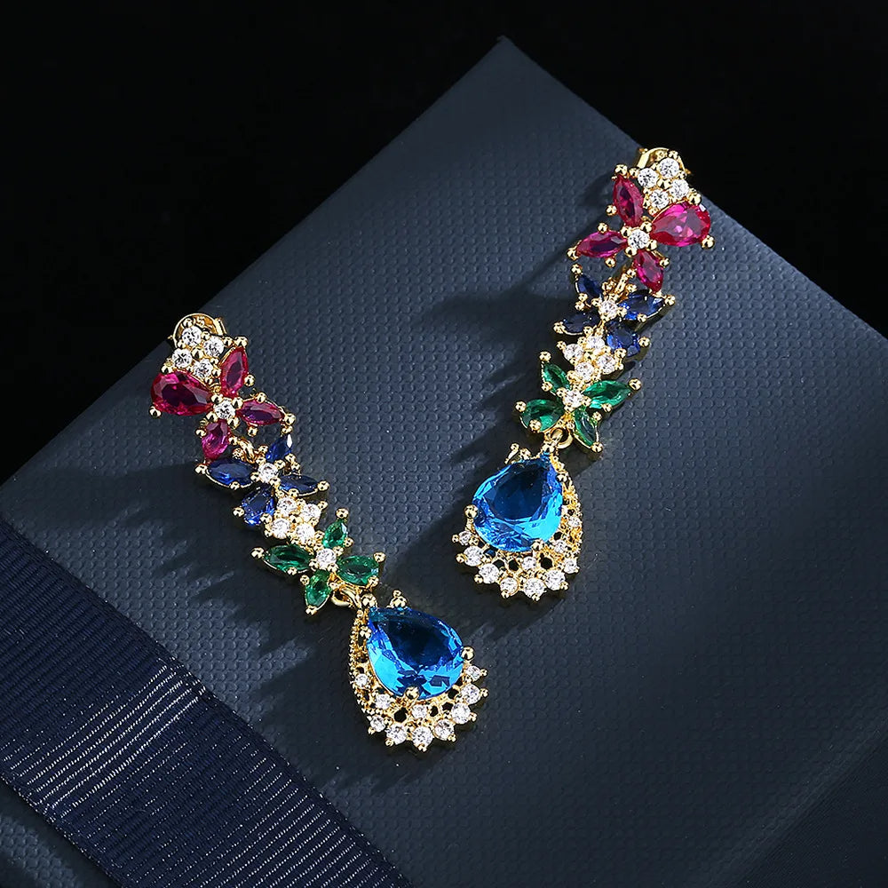 Retro Color Zircon Earrings, Asian Style- Yellow Gold