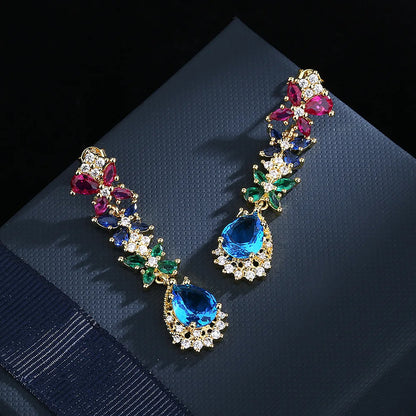 Retro Color Zircon Earrings, Asian Style- Yellow Gold