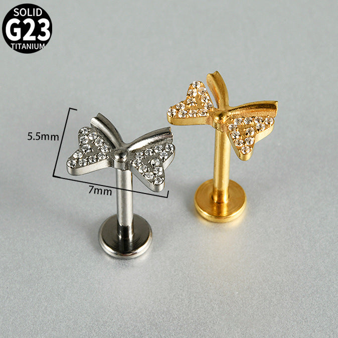 G23 Butterfly Ear Piercing Stud Titanium with AAA Cubic Zircon , Flat Back Earrings ( One Piece )