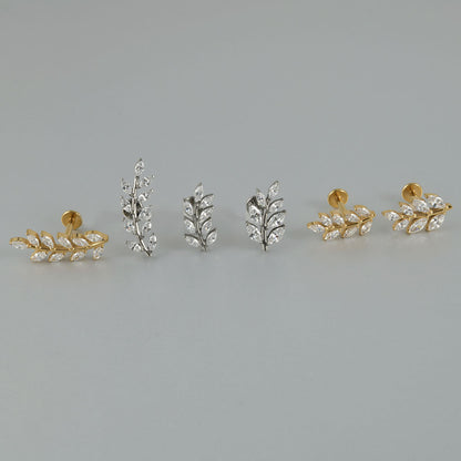G23 Leafs Ear Piercing Stud Titanium with AAA Cubic Zircon , Flat Back Earrings ( One Piece )