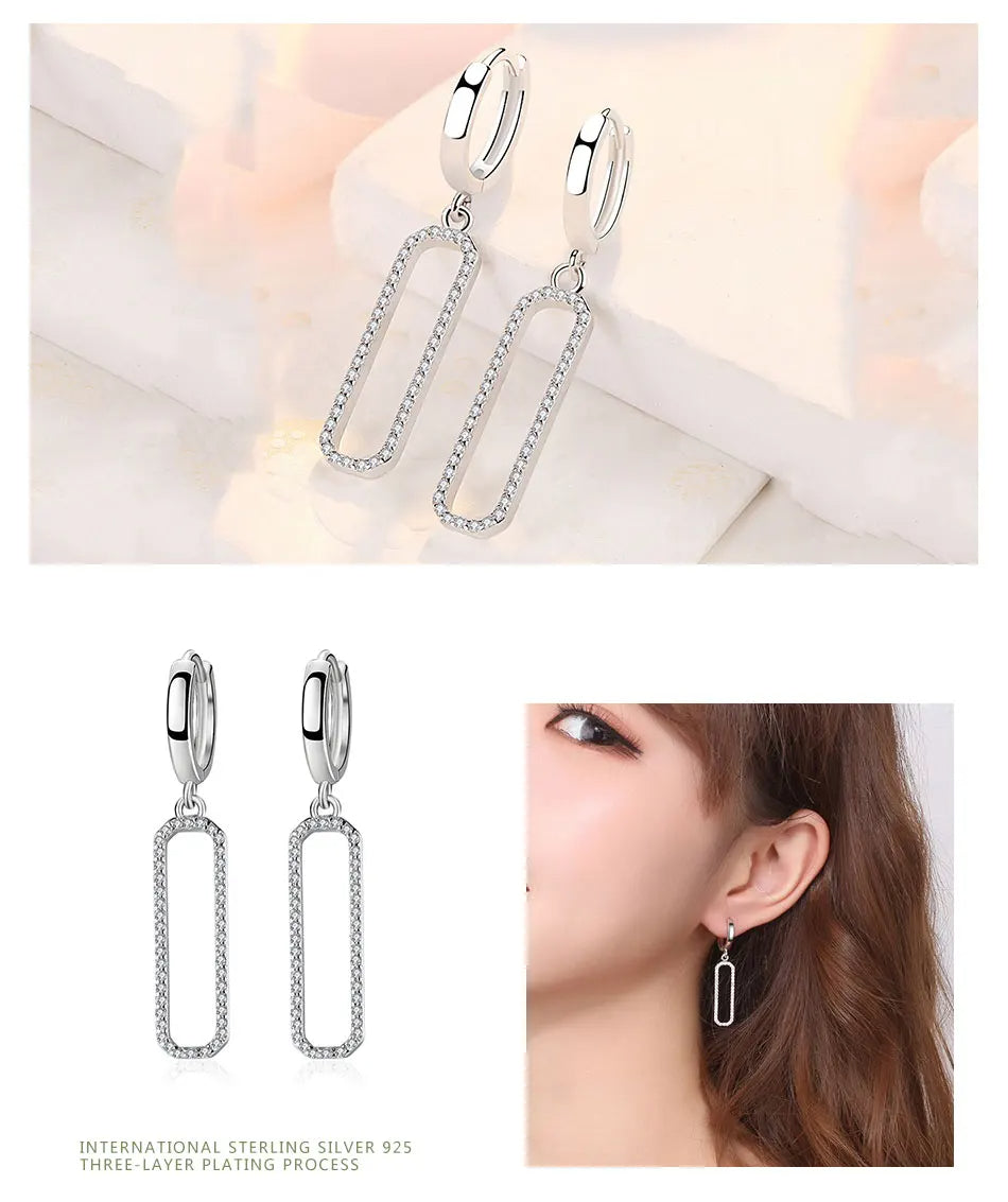 Long Square Dangle Silver Earrings