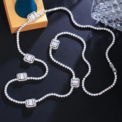 Bling Baguette White CZ Cubic Zircon Pave Silver Color Long Sweater Chain Necklace