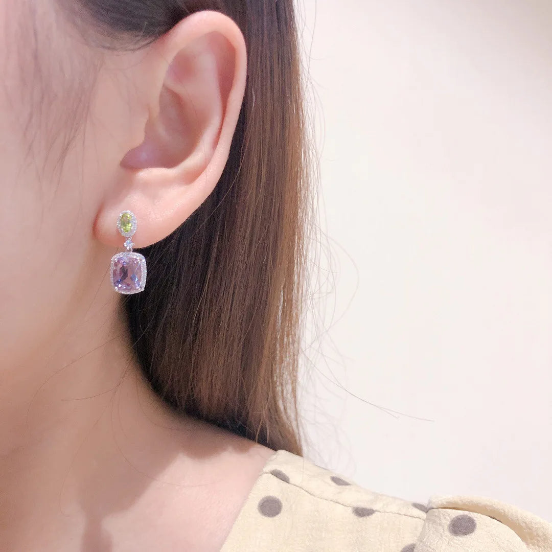 Natural Purple Zircon Green Asymmetrical Earrings