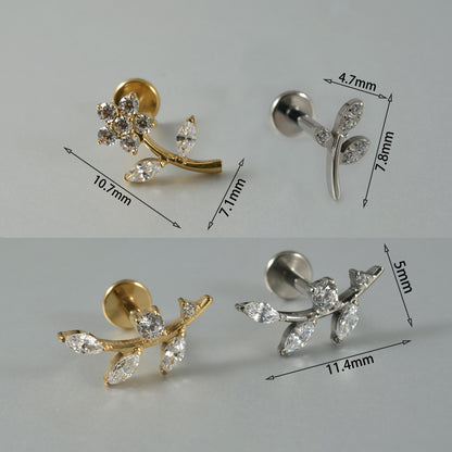 G23 Four Leafs Ear Piercing Stud Titanium with AAA Cubic Zircon , Flat Back Earrings ( One Piece )