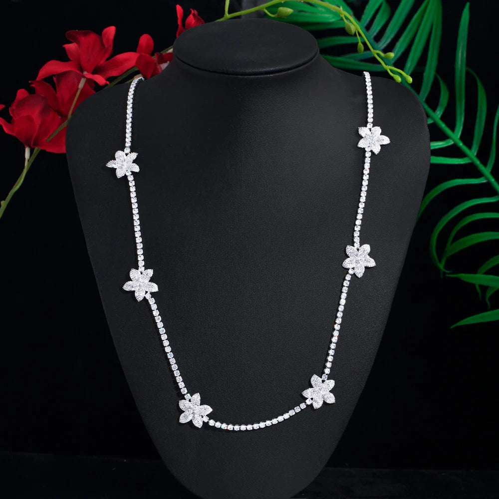 Chic Round Gorgeous Fashion Jewelry Cubic Zirconia Flower Chain Link Long Sweater Tennis Necklace